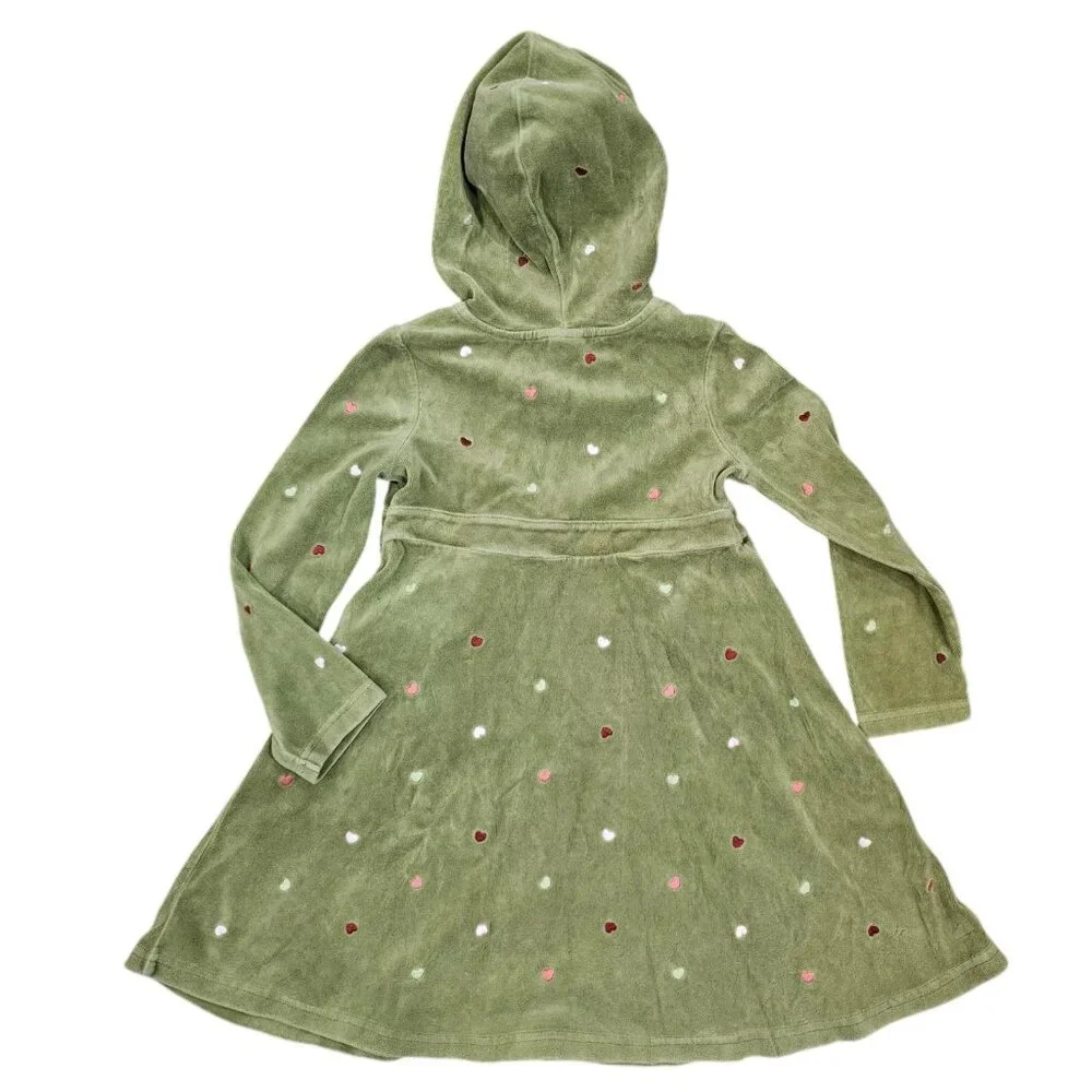 Gymboree Size 6‎ Green Heart Embroidery Hooded Dress Velour Longsleeve